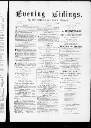 cover page of Cornish Evening Tidings published on August 28, 1891
