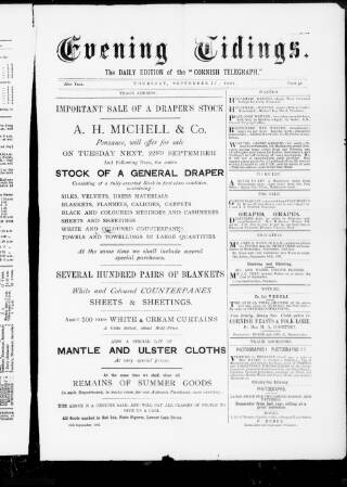 cover page of Cornish Evening Tidings published on September 17, 1891
