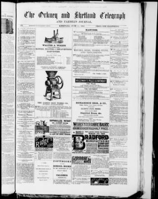 cover page of Orkney & Shetland Telegraph published on June 24, 1884