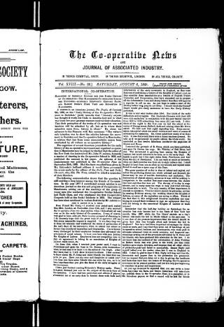 cover page of Co-operative News published on August 6, 1887