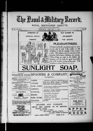 cover page of Naval & Military Record and Royal Dockyards Gazette published on February 2, 1893