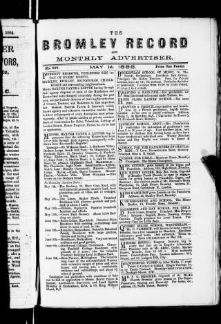 cover page of Bromley Record and Monthly Advertiser published on May 1, 1886