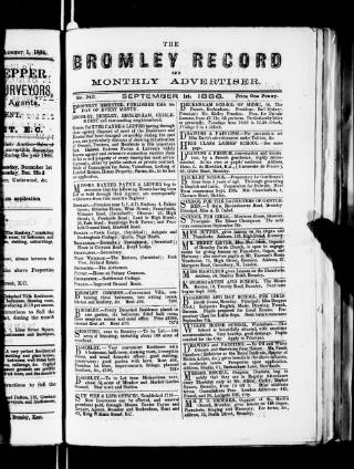 cover page of Bromley Record and Monthly Advertiser published on September 1, 1886