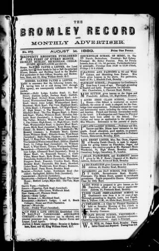 cover page of Bromley Record and Monthly Advertiser published on August 1, 1889
