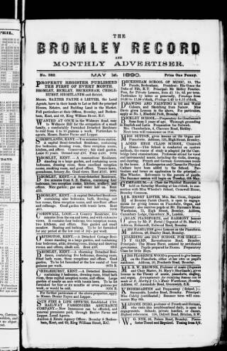 cover page of Bromley Record and Monthly Advertiser published on May 1, 1890