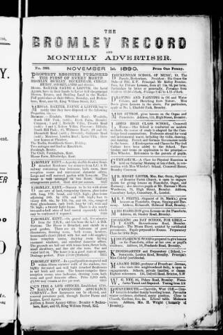 cover page of Bromley Record and Monthly Advertiser published on November 1, 1890