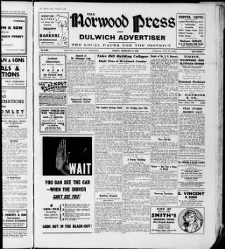 cover page of Norwood Press and Dulwich Advertiser published on February 2, 1940