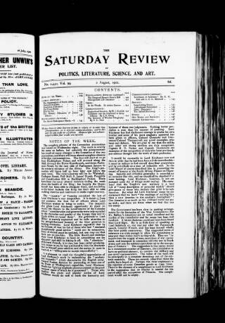 cover page of Saturday Review of Politics, Literature, Science and Art published on August 2, 1902