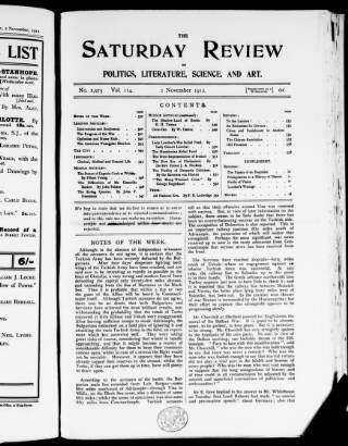 cover page of Saturday Review of Politics, Literature, Science and Art published on November 2, 1912