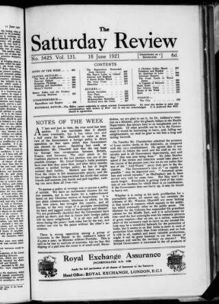 cover page of Saturday Review of Politics, Literature, Science and Art published on June 18, 1921