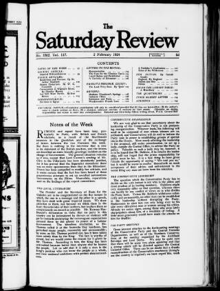 cover page of Saturday Review of Politics, Literature, Science and Art published on February 2, 1924