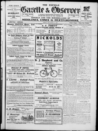 cover page of Enfield Gazette published on September 17, 1915