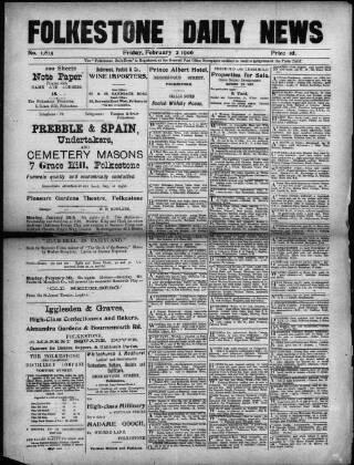 cover page of Folkestone Daily News published on February 2, 1906