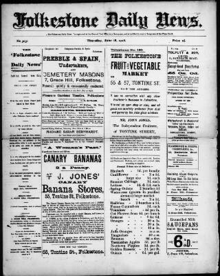 cover page of Folkestone Daily News published on June 18, 1908