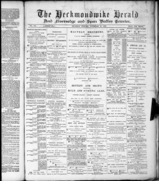 cover page of Heckmondwike Herald published on November 28, 1889