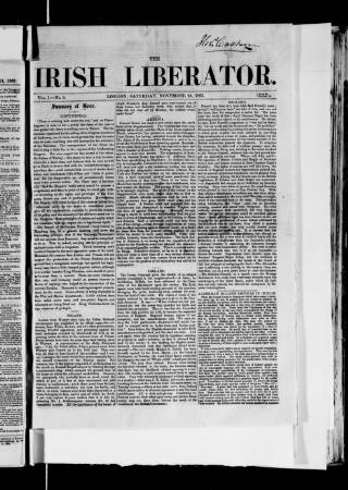 cover page of Irish Liberator published on November 28, 1863
