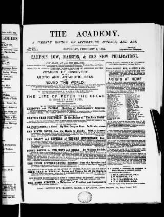 cover page of Academy published on February 2, 1884