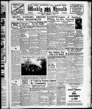cover page of Wood Green and Southgate Weekly Herald published on February 2, 1951