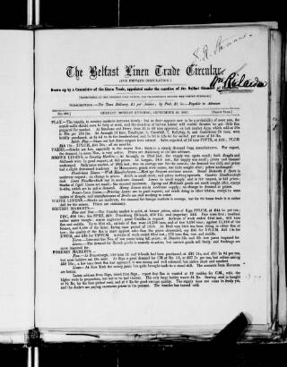 cover page of Belfast Linen Trade Circular published on September 28, 1857