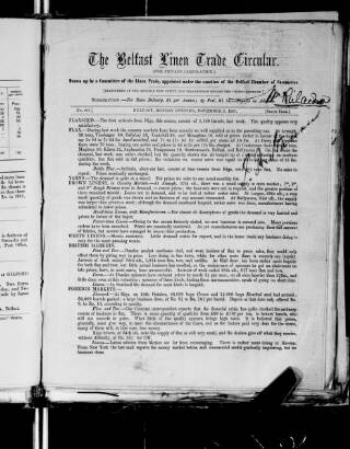 cover page of Belfast Linen Trade Circular published on November 2, 1857