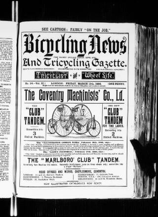 cover page of Bicycling News published on March 19, 1886