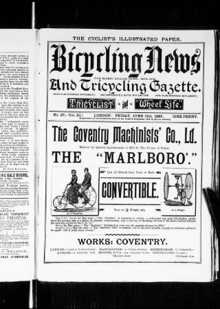 cover page of Bicycling News published on June 18, 1886