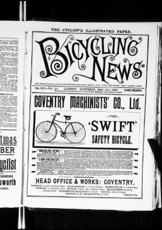 cover page of Bicycling News published on December 11, 1886