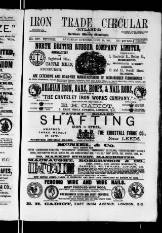 cover page of Iron Trade Circular (Rylands') and Hardware Weekly Messenger published on June 18, 1881