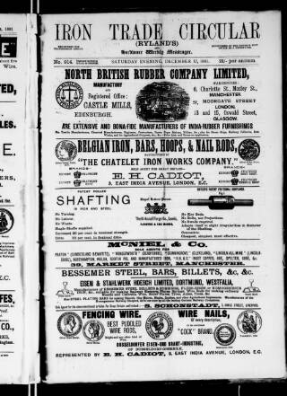 cover page of Iron Trade Circular (Rylands') and Hardware Weekly Messenger published on December 17, 1881