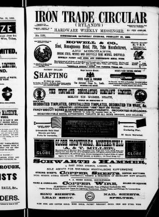 cover page of Iron Trade Circular (Rylands') and Hardware Weekly Messenger published on February 27, 1886