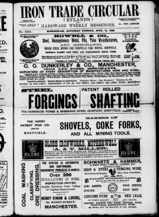 cover page of Iron Trade Circular (Rylands') and Hardware Weekly Messenger published on April 21, 1888
