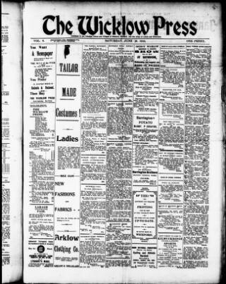 cover page of Wicklow Press published on June 18, 1910