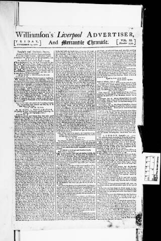 cover page of Williamson's Liverpool Advertiser and Mercantile Chronicle published on September 19, 1766