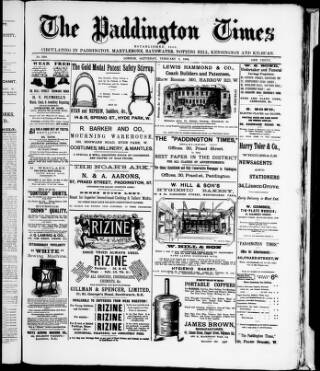 cover page of Paddington Times published on February 2, 1889