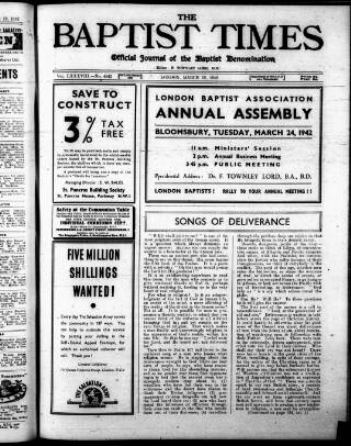 cover page of Baptist Times published on March 19, 1942
