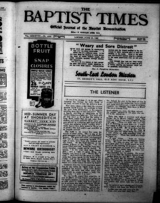 cover page of Baptist Times published on June 18, 1942