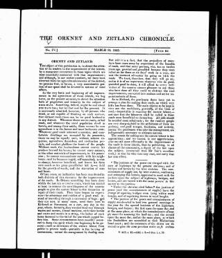 cover page of Orkney & Zetland Chronicle published on March 31, 1825