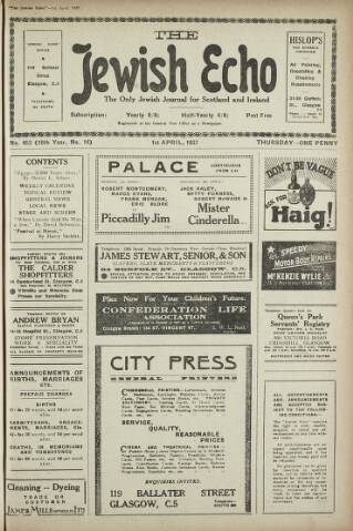 cover page of Jewish Echo published on April 1, 1937