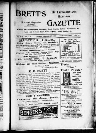 cover page of Brett's St. Leonards and Hastings Gazette and Visitors' Vade Mecum published on September 17, 1896