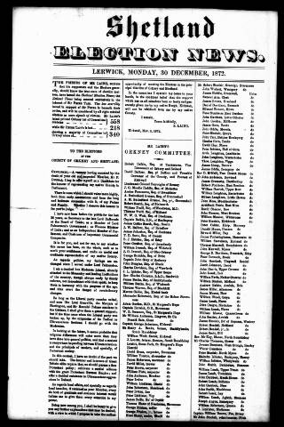 cover page of Shetland Election News published on December 30, 1872