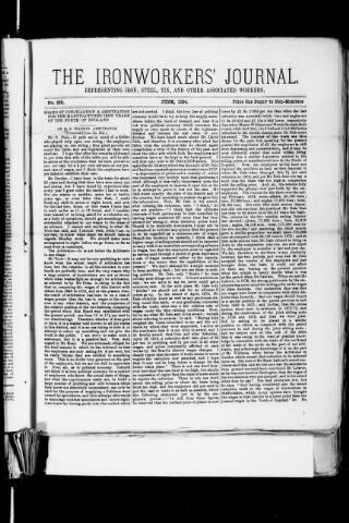 cover page of Ironworkers' Journal (Darlington) published on June 1, 1884