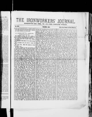 cover page of Ironworkers' Journal (Darlington) published on March 1, 1885