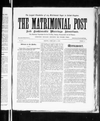 cover page of Matrimonial Post and Fashionable Marriage Advertiser published on February 2, 1889