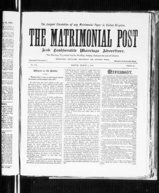cover page of Matrimonial Post and Fashionable Marriage Advertiser published on March 2, 1889