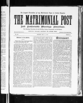 cover page of Matrimonial Post and Fashionable Marriage Advertiser published on May 11, 1889