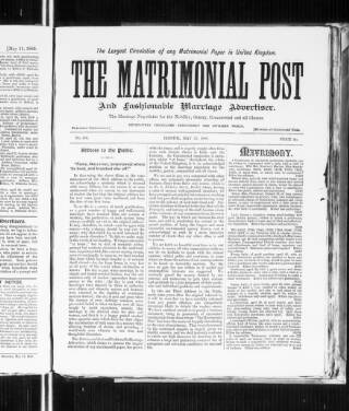 cover page of Matrimonial Post and Fashionable Marriage Advertiser published on May 25, 1889