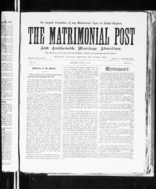 cover page of Matrimonial Post and Fashionable Marriage Advertiser published on June 8, 1889