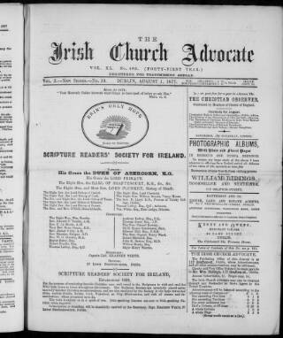 cover page of Irish Church Advocate published on August 1, 1877