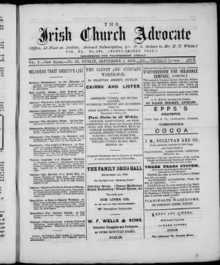cover page of Irish Church Advocate published on September 1, 1878