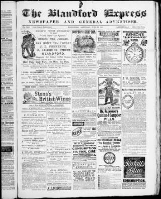 cover page of Blandford Express published on June 18, 1887
